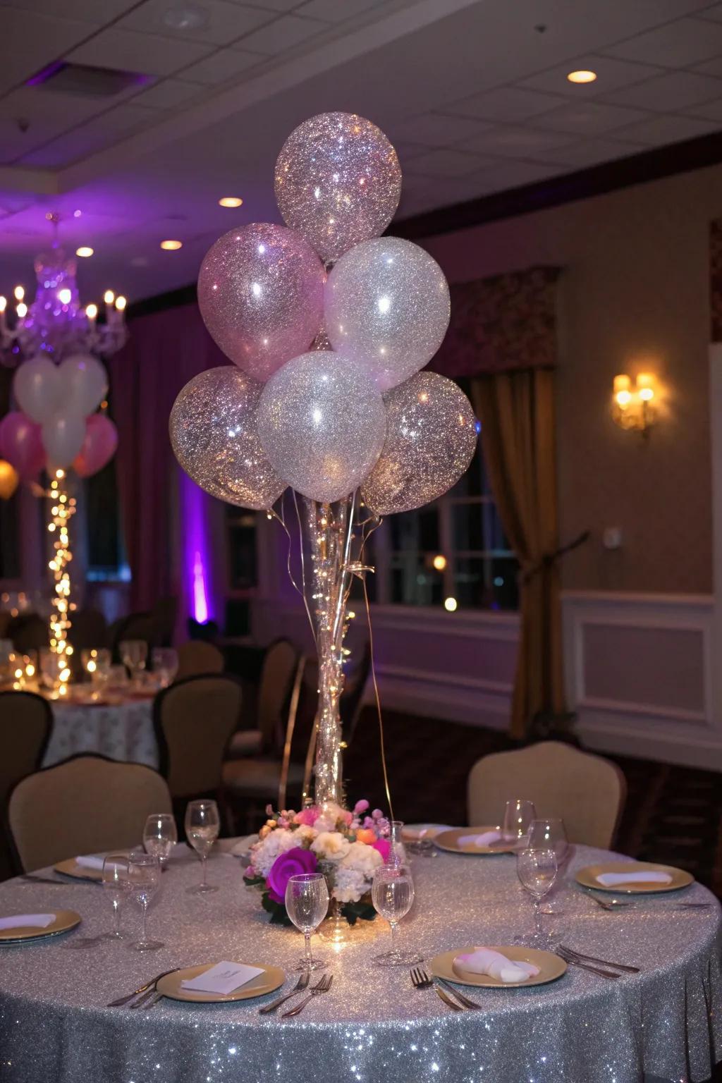 Glitter-covered balloons contribute shimmer and glamor.