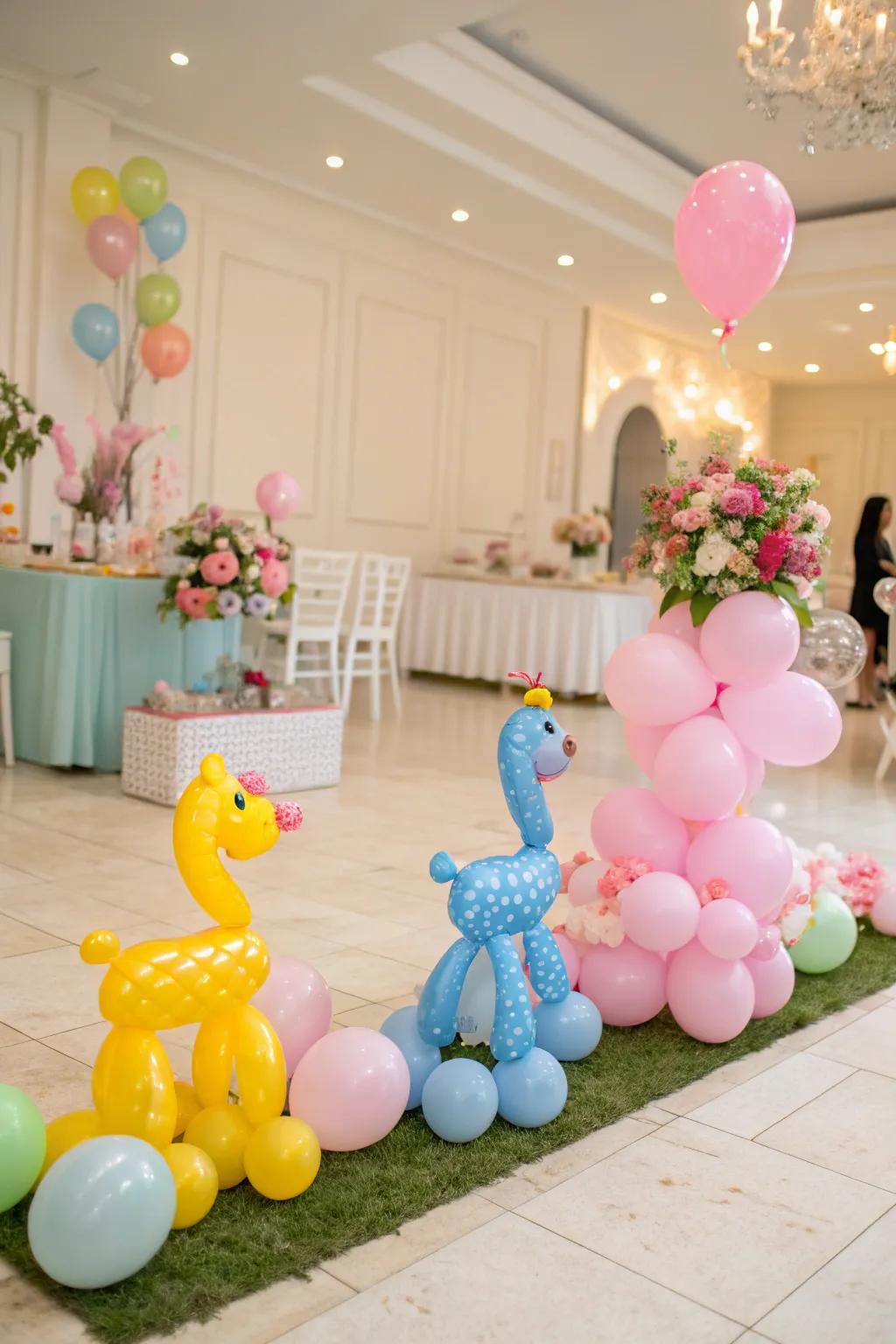 Whimsical balloon animals add a playful touch to the party.