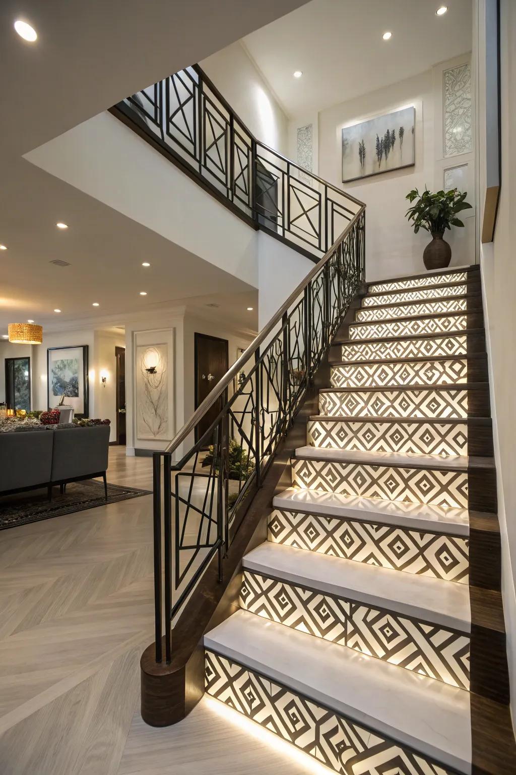 Artistic flair with geometric pattern stair rails.