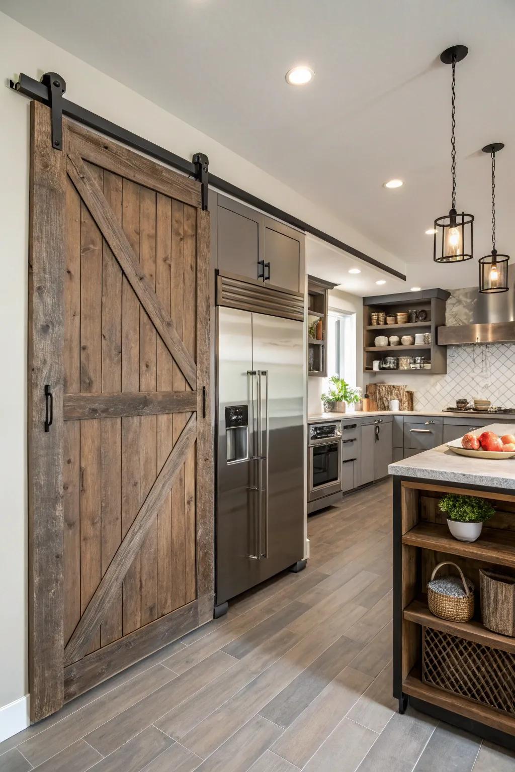 A culinary space showcasing a sliding barn aperture constructed from reclaimed materials, delineating the pantry sector.