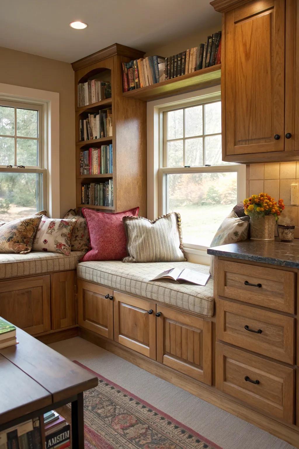 An intimate corner fashioned using base cabinets encourages rest.