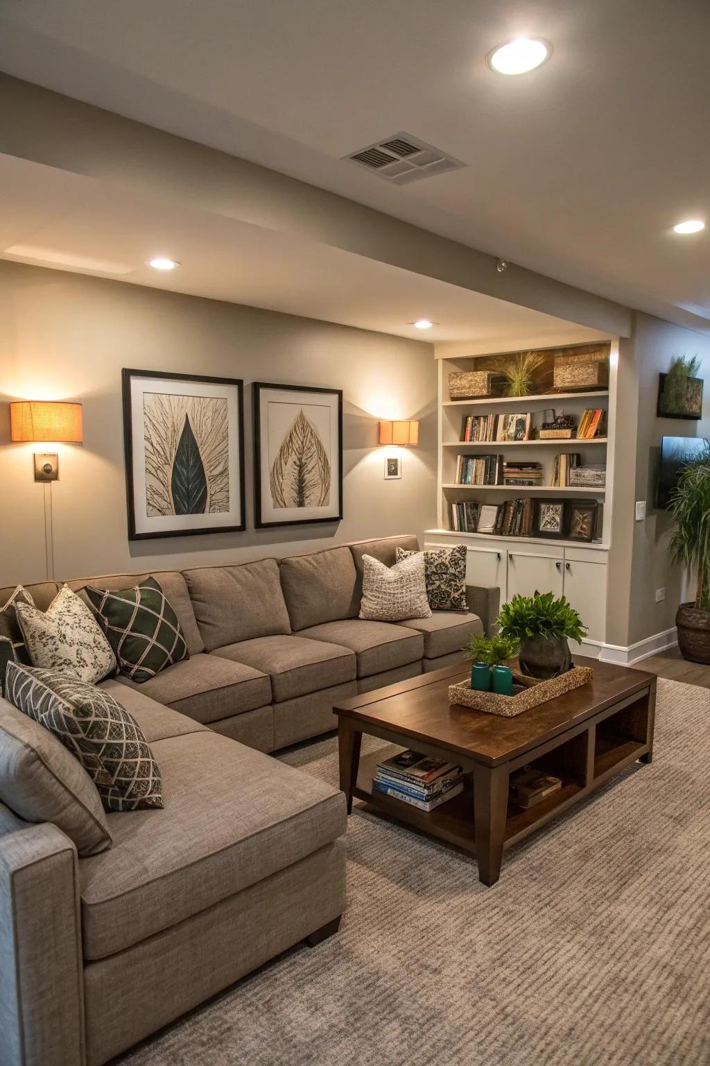 Multi-functional furniture heightens the versatility of this basement space.