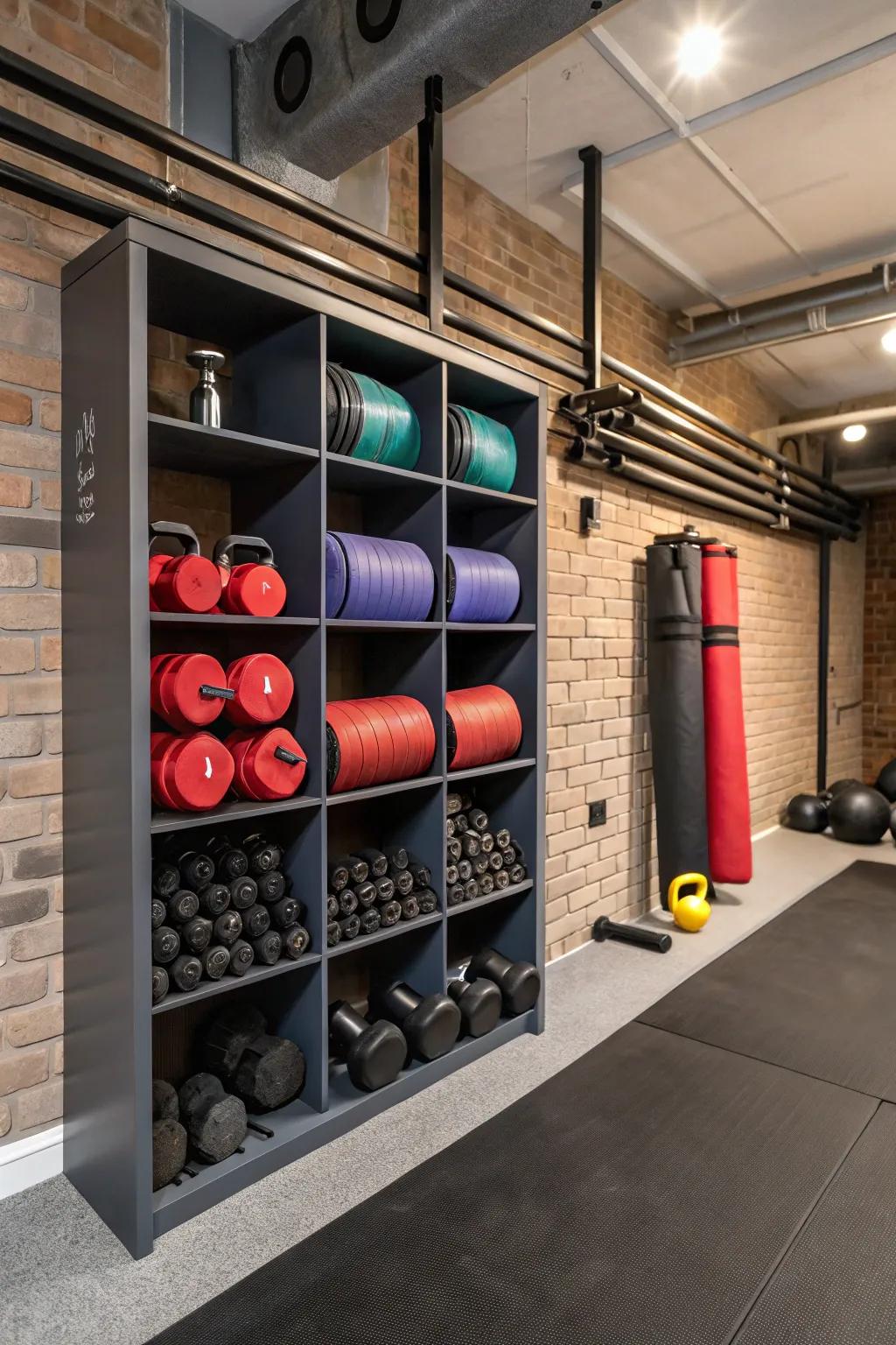 Creative wall storage maintains your fitness center organized and accessible.