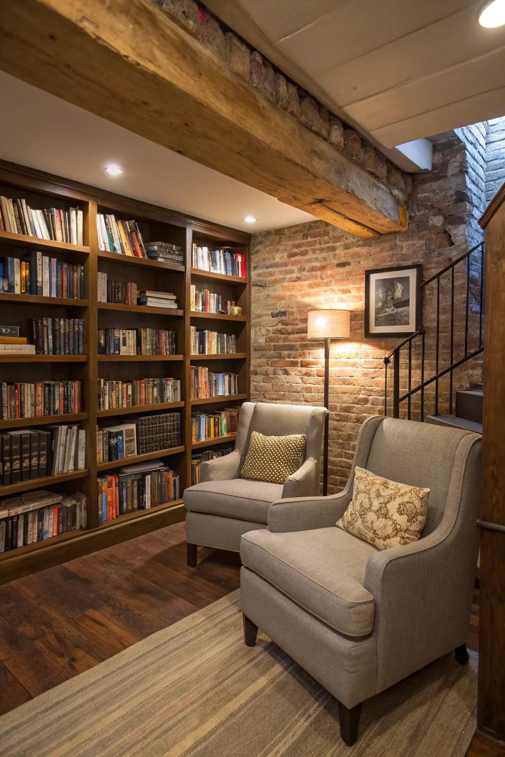A miniature library converts the basement into a cozy reading nook.