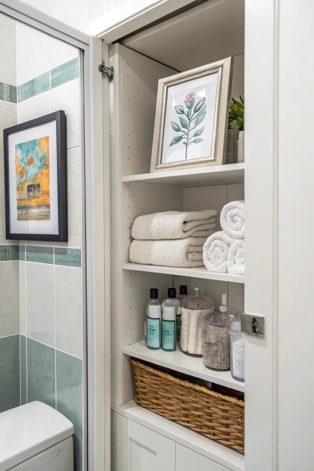 Framed art appending a personal and creative signature to the bathroom storage.