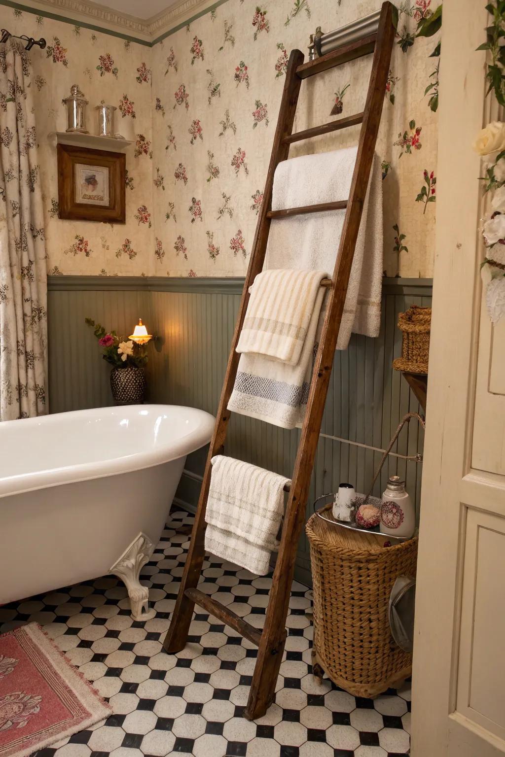 Vintage ladders bring allure and functionality to towel displays.