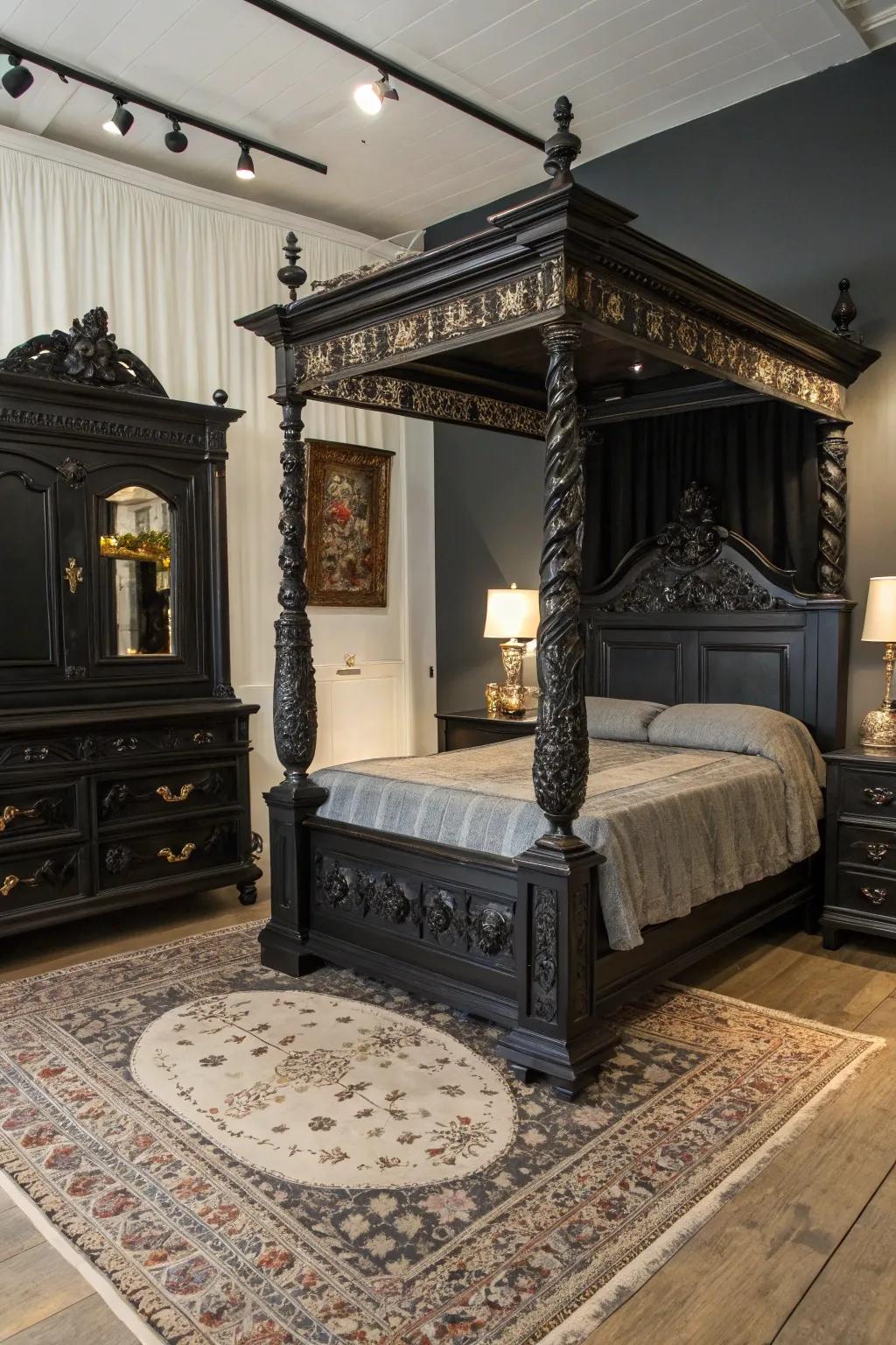 Heritage accessories append character and contrast to a room featuring contemporary ebony furniture.