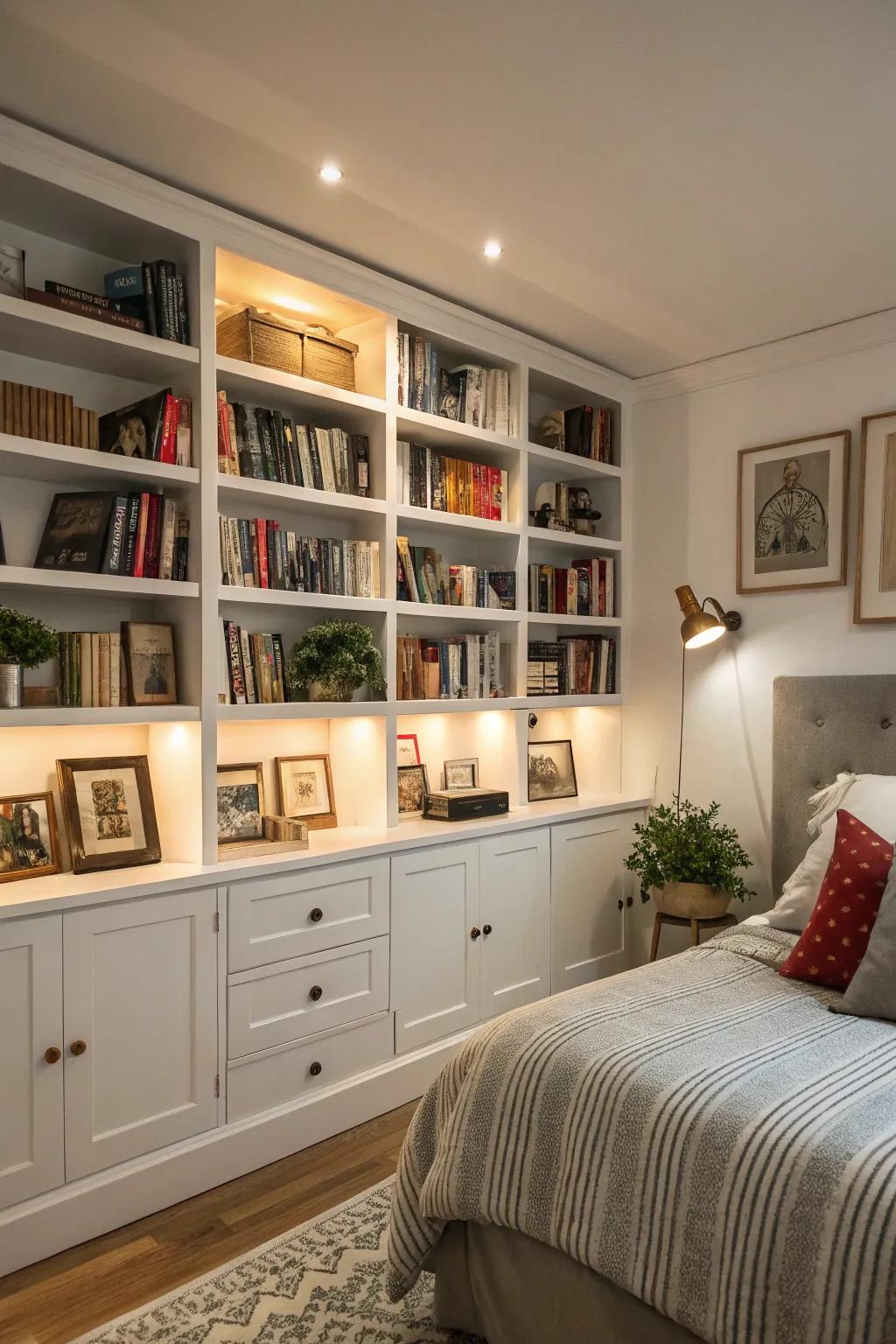 A bedroom with functional and stylish integrated shelving.