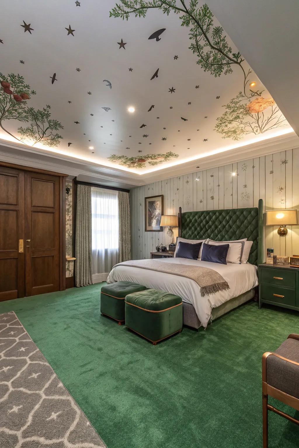 An unforeseen stratum of intrigue is included to the bedroom through a statement ceiling.