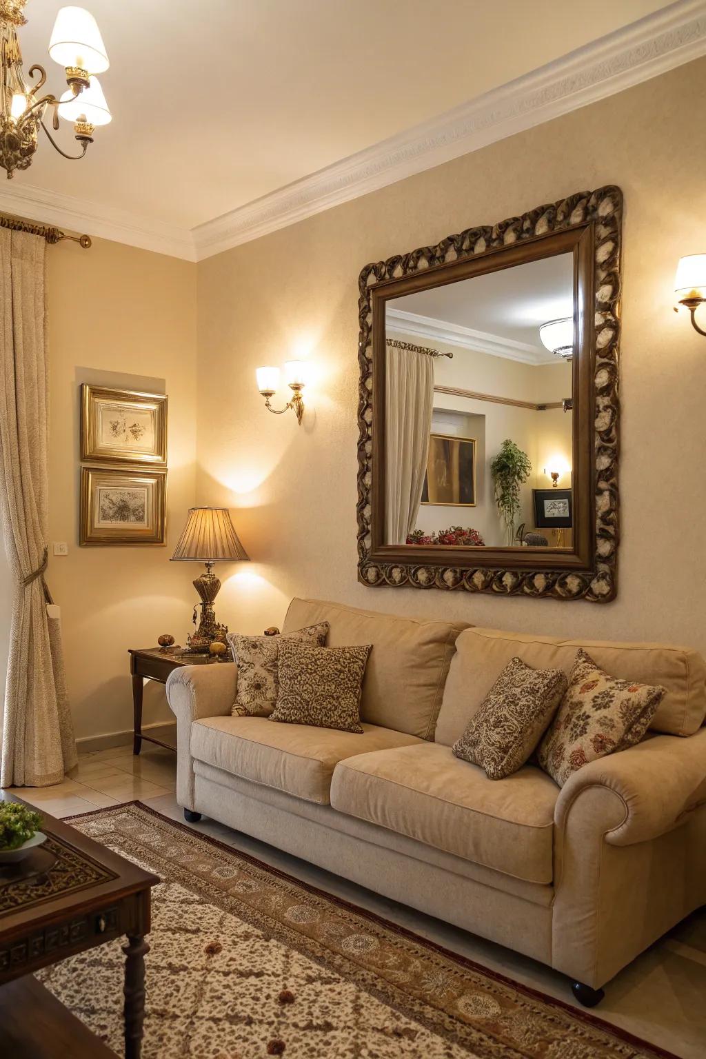 Looking glasses reflect illumination and expand space.