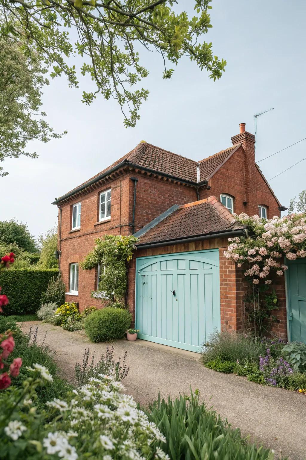 Sky blue garage doors bring a lighthearted charm to red brick exteriors.