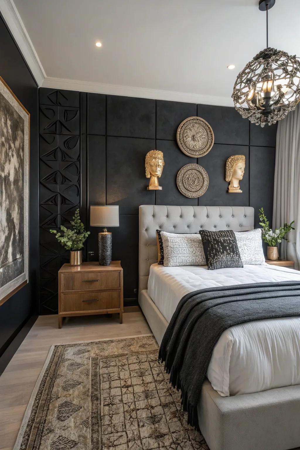 Sculptural decor makes an artistic declaration alongside a black accent wall.