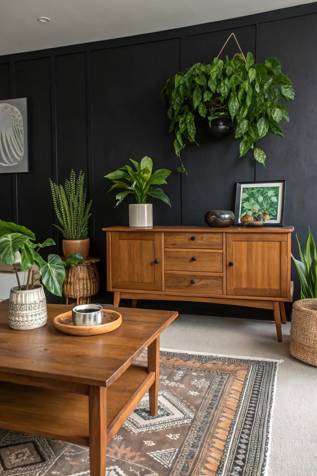 A room in which an ebony accent wall is paired with wooden furniture and green plants for a natural balance.