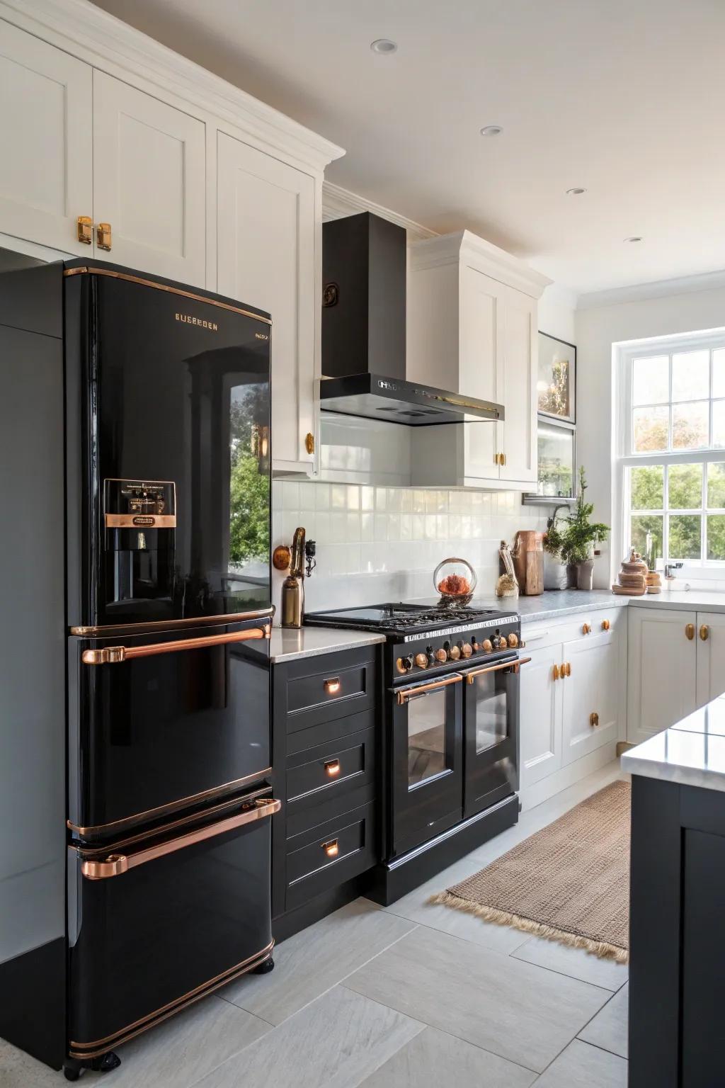 Bronze-trimmed appliances unify the kitchen design for a harmonious style.