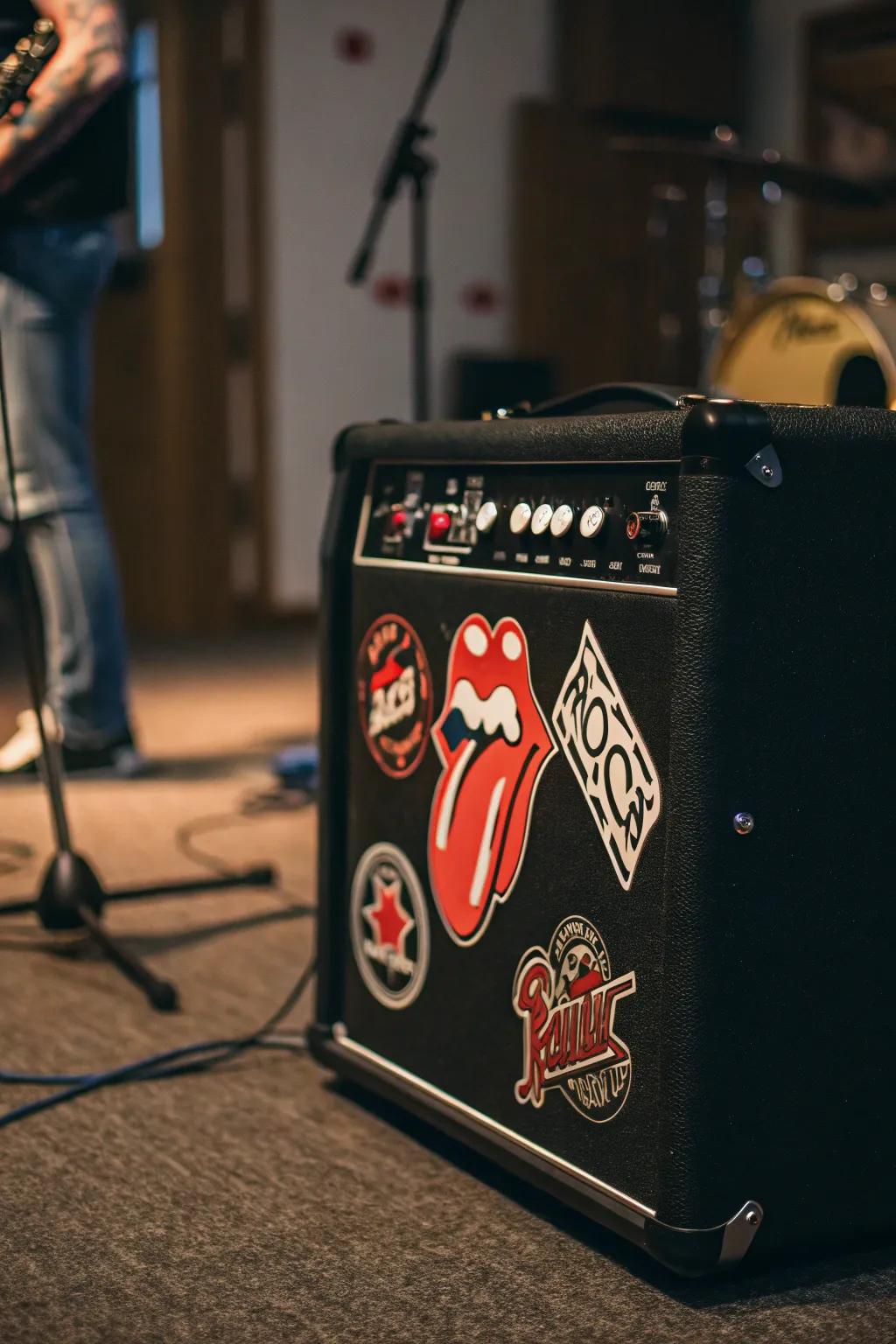Rock-themed stickers adding edge to a musician's gear.