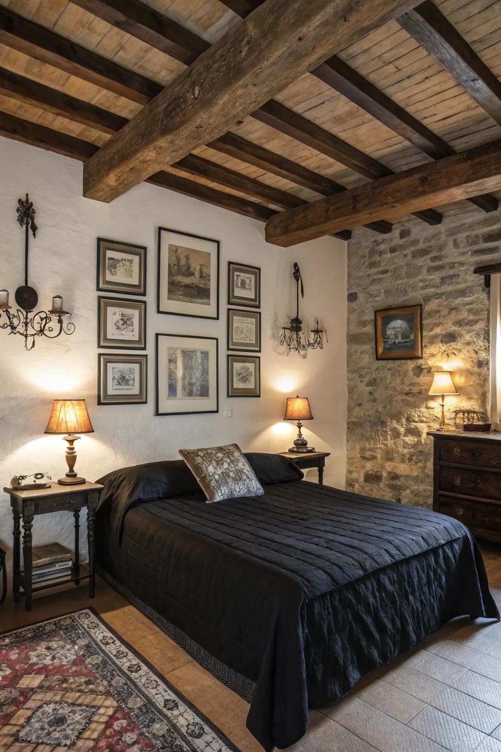 Adding rustic allure to black bedding.