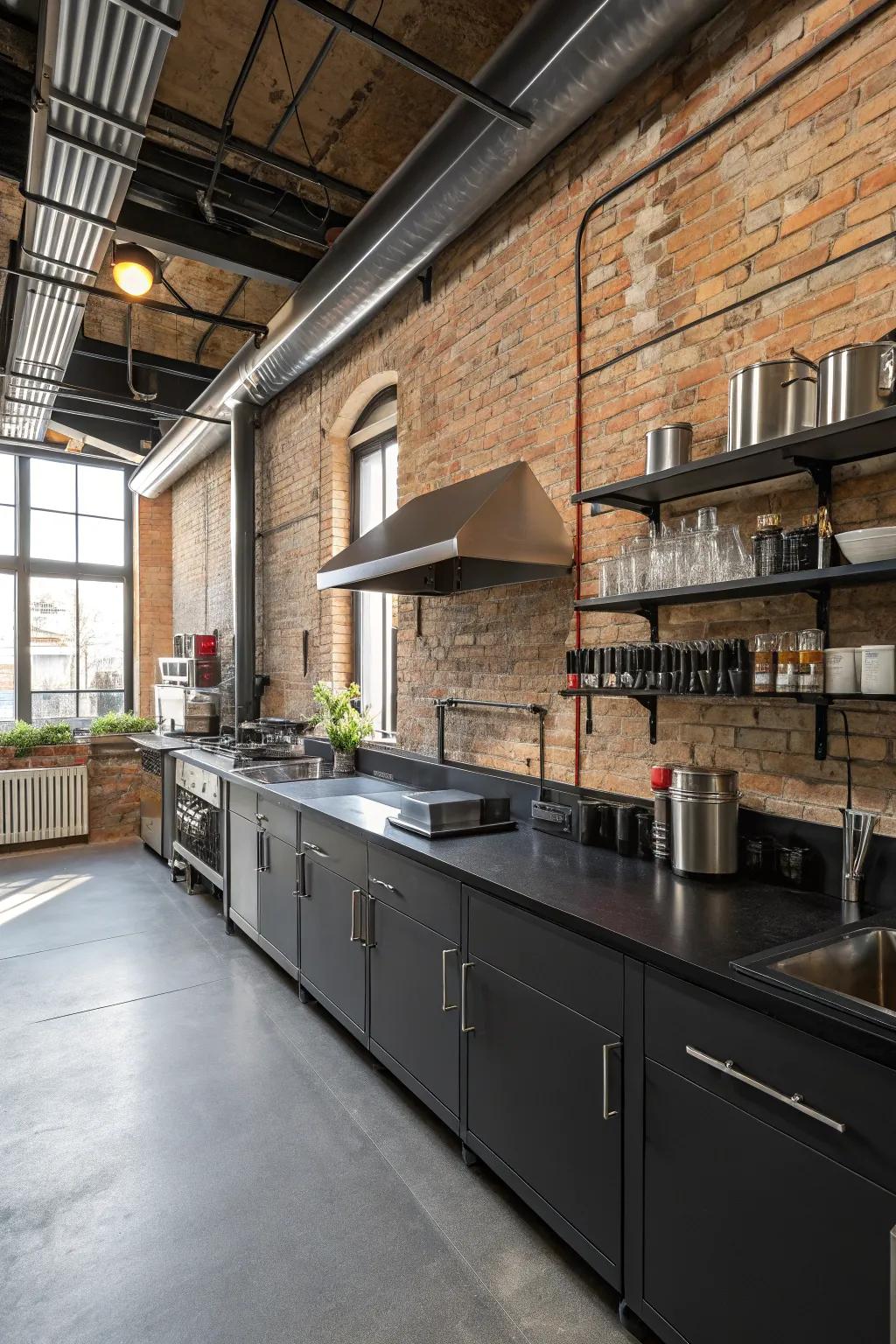 Industrial ambiance with ebony countertops and exposed brick.
