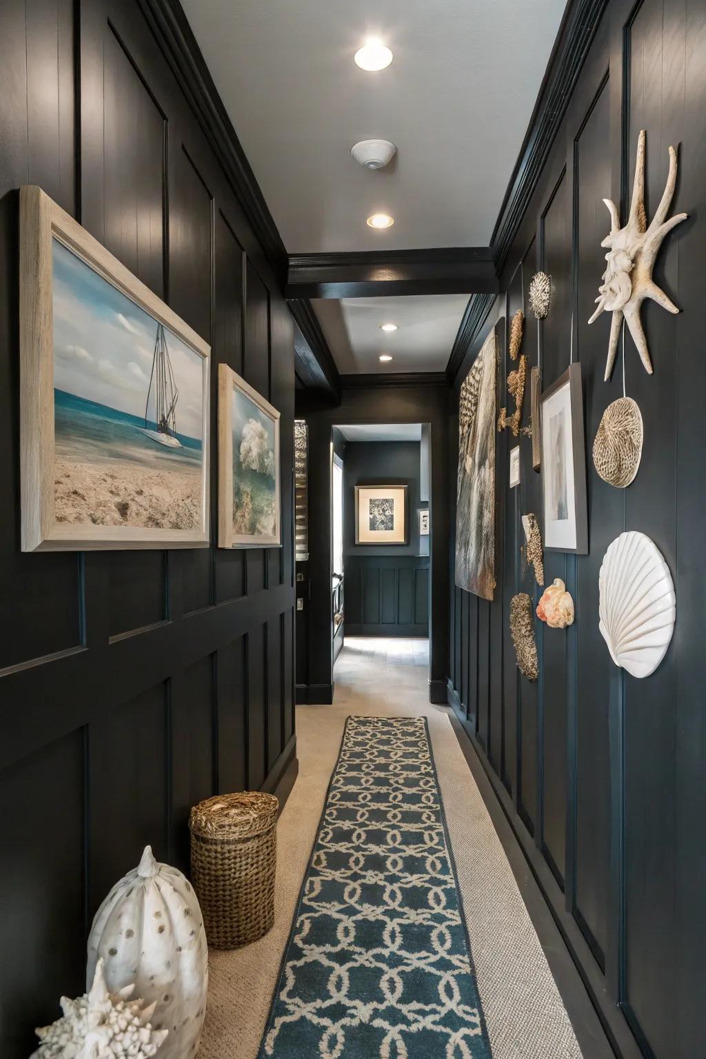 Themed decor unites the elements of a black hallway.