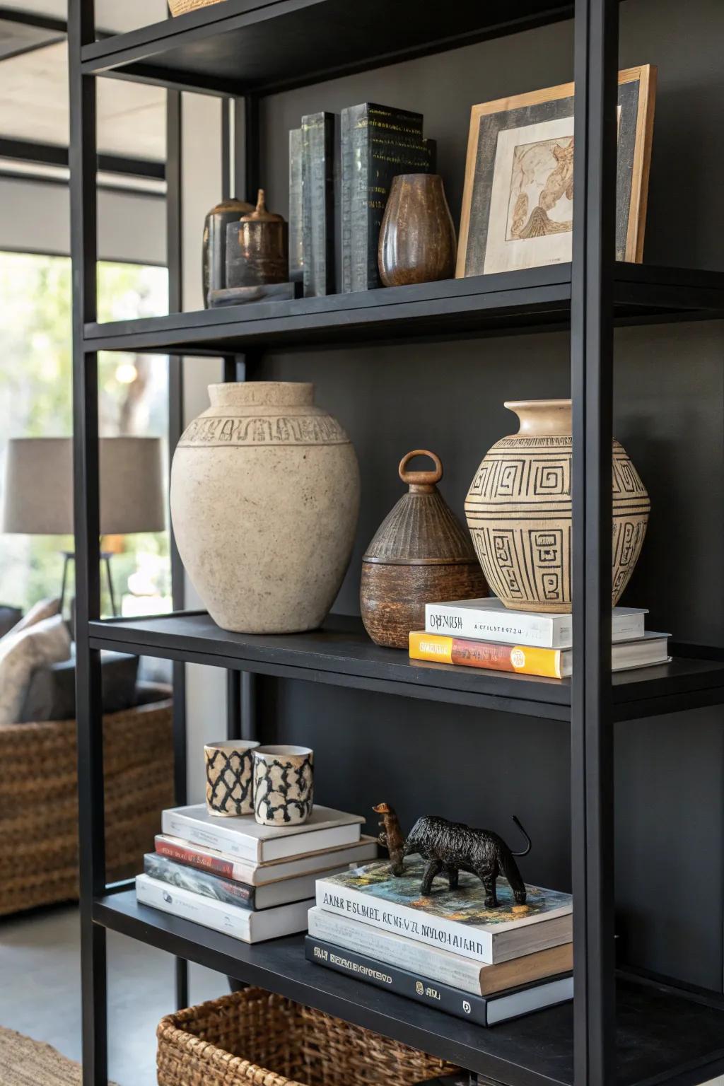 A blend of grand and petite décor pieces infusing visual curiosity on a black shelf.