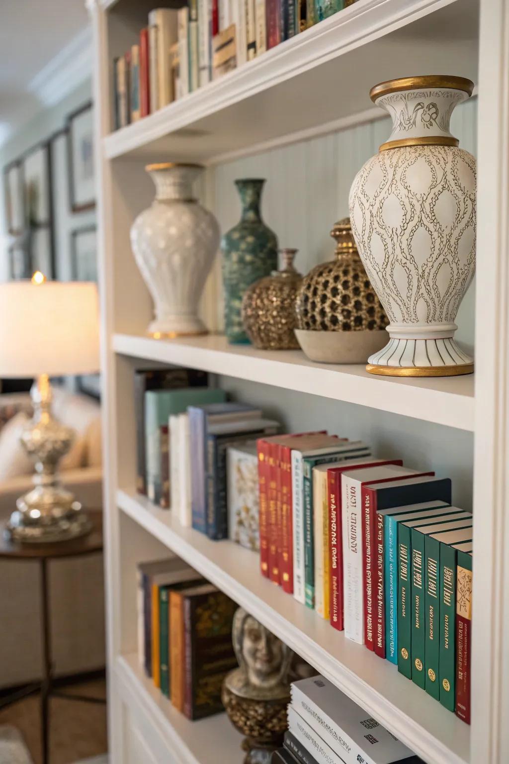Eclectic book displays add style and intellect.