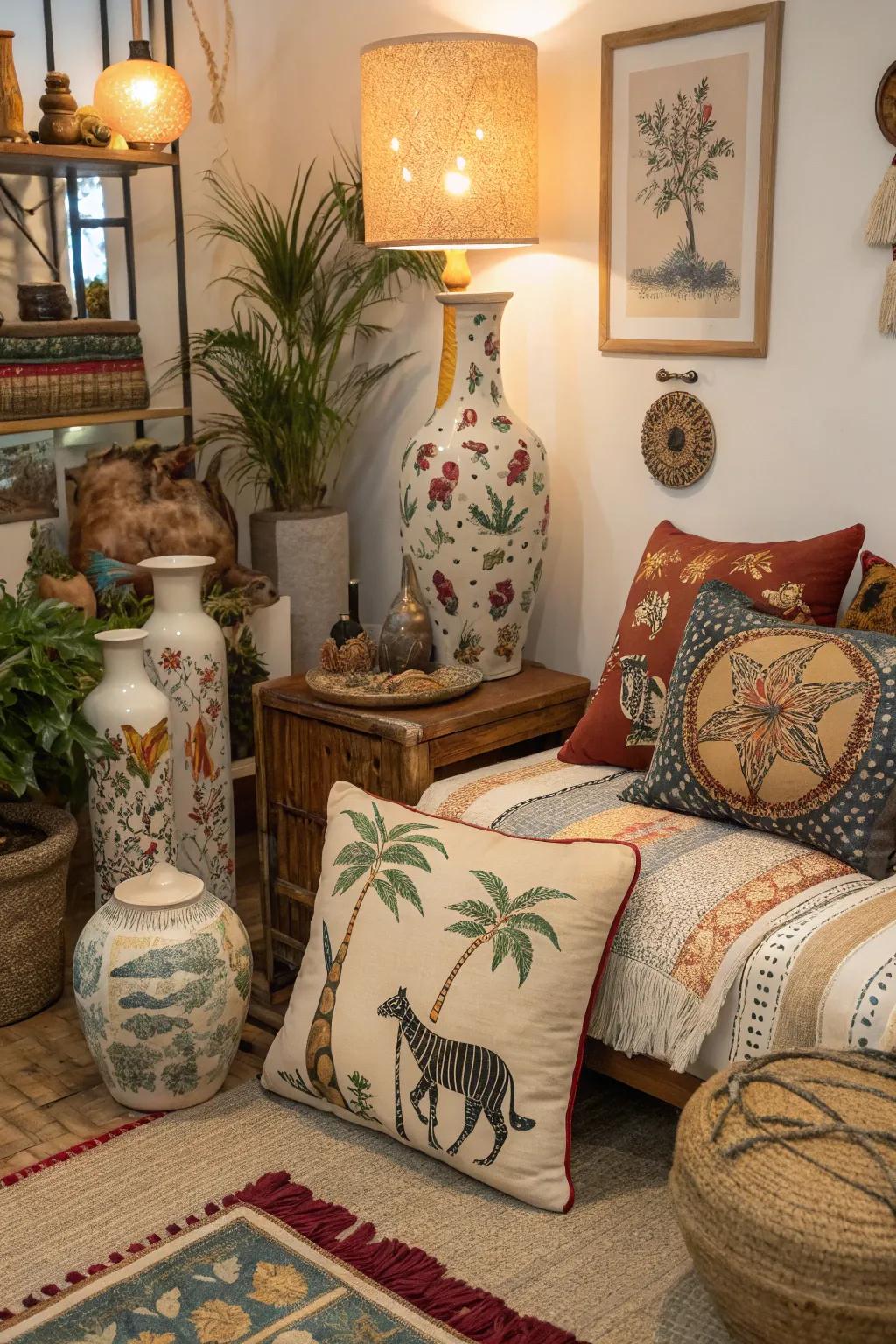 Animal patterns bring a whimsical nuance to bohemian decor.