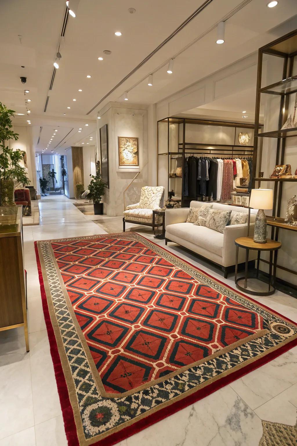 A boutique design featuring a statement ground covering, anchoring the decor and adding warmth and style.