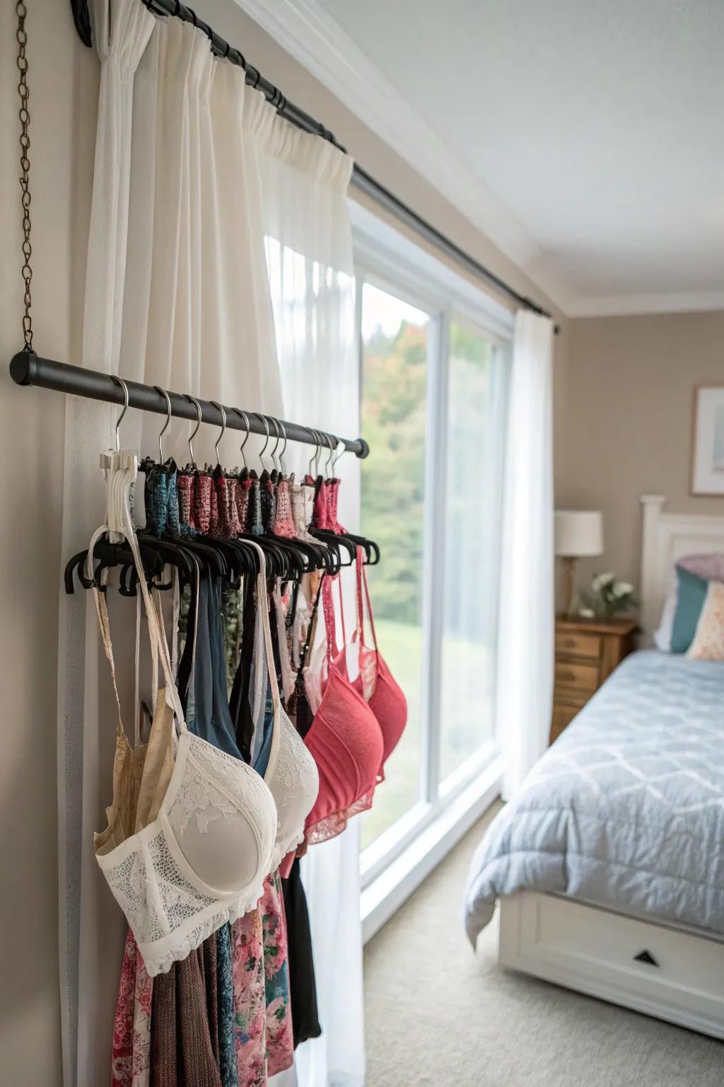 Reallocate a curtain rod for pragmatic undergarment storage.