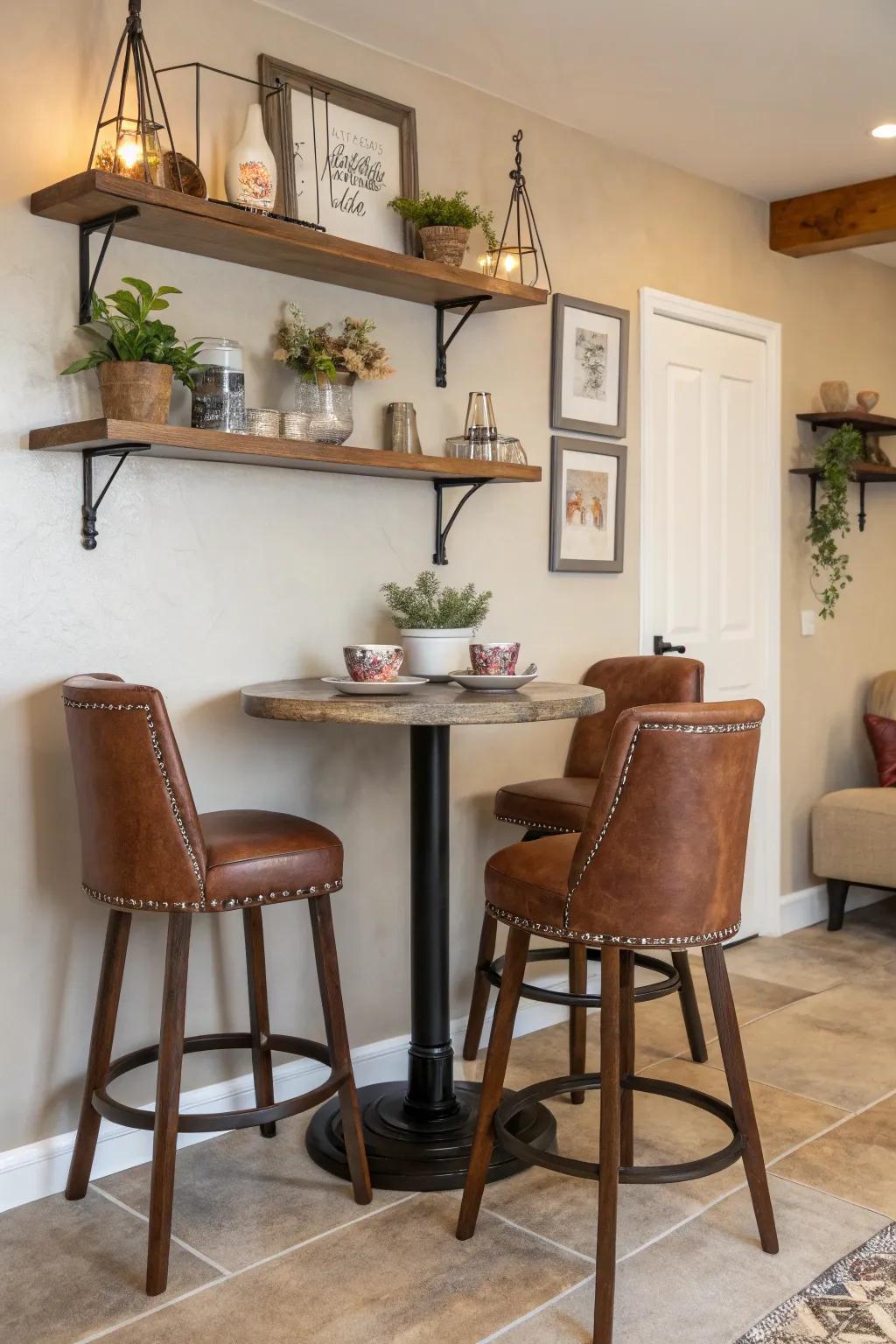 Brown seating fashions a toasty and inviting kitchen cranny.