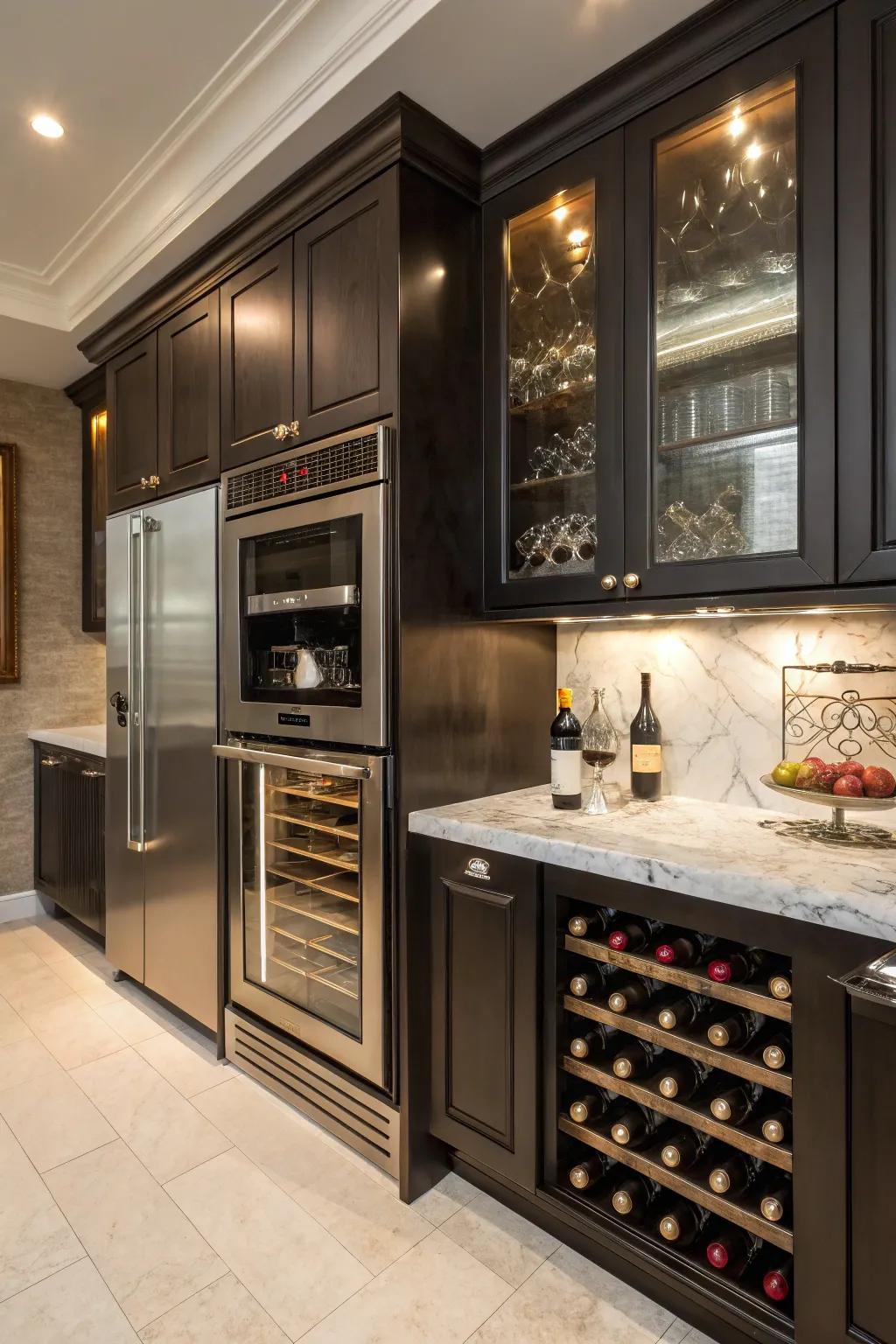Luxury culinary design showcasing a microwave arranged above a wine refrigerator.