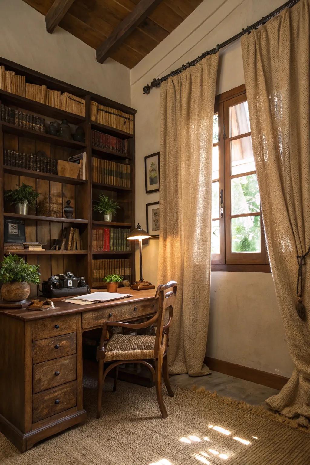 Creative inspiration with burlap drapes in a rustic office.