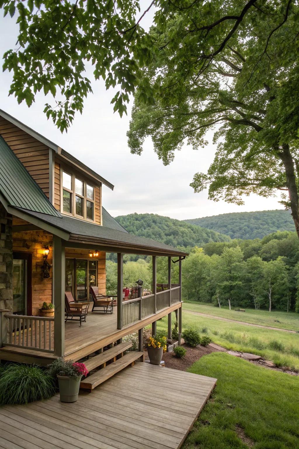 A continuous veranda enhances outdoor living and cabin appeal.