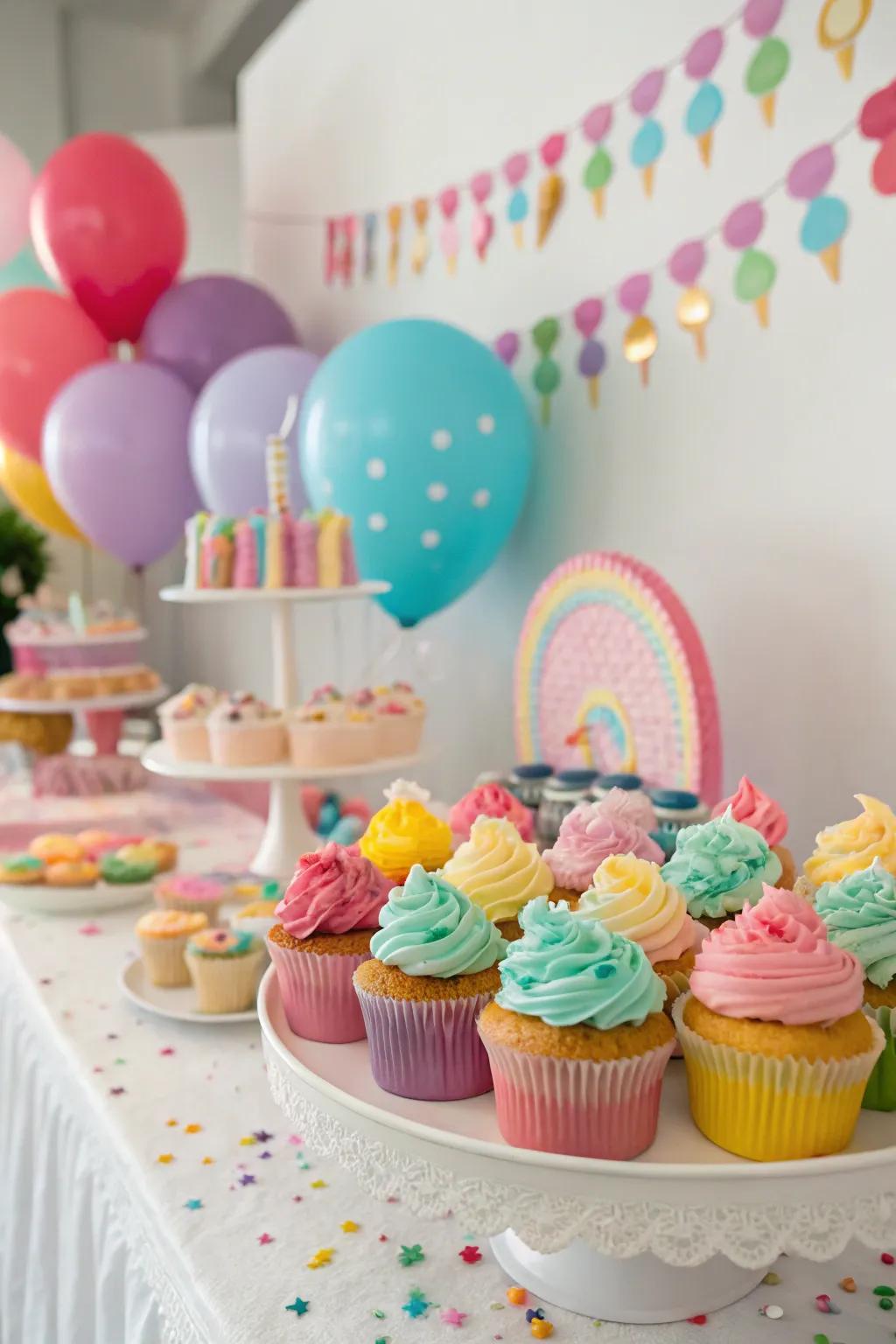 A cake display flanked by vibrant cupcakes, injecting joyfulness and variety.