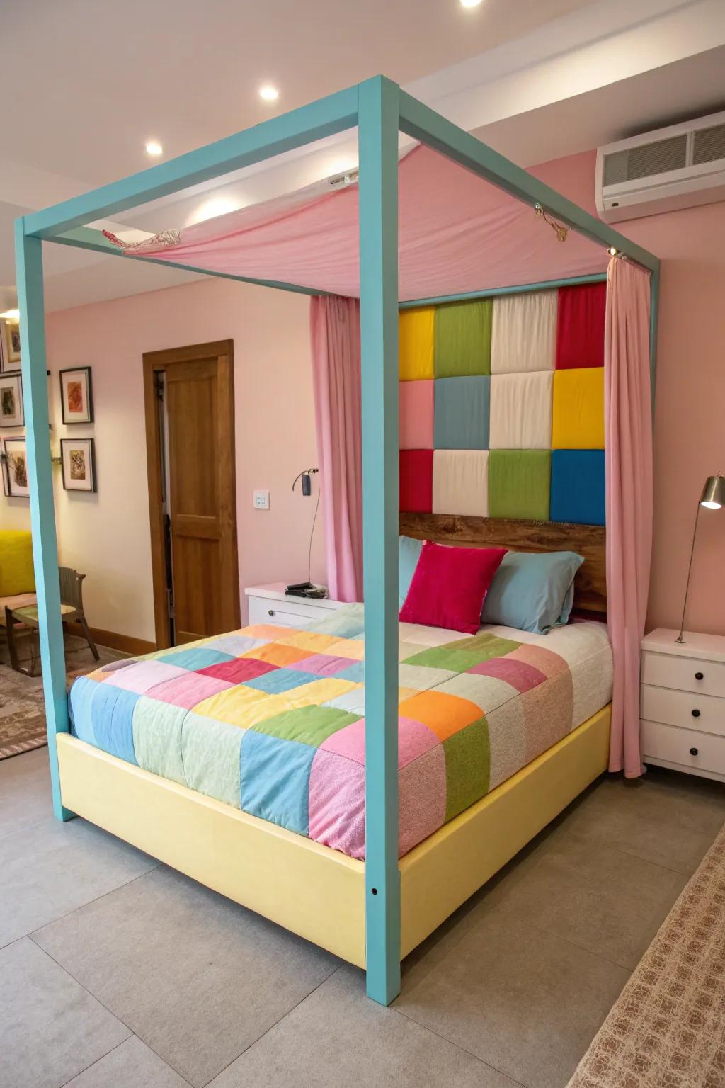 Color-blocking introduces a dynamic flair to a four-poster bed.