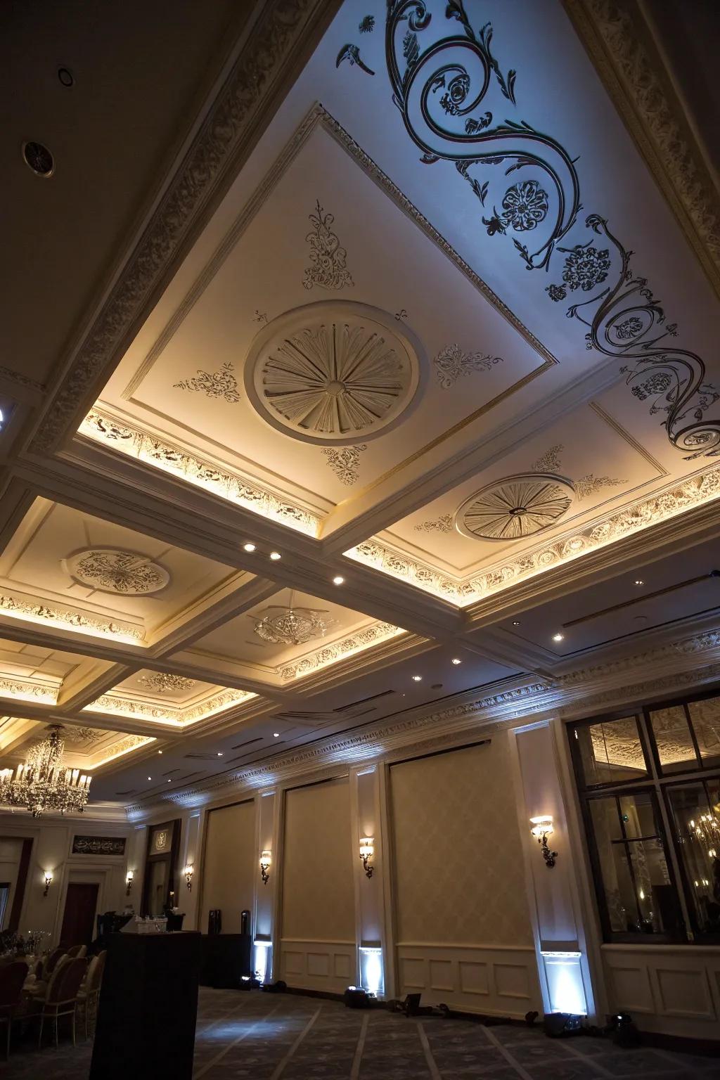 A locale exhibiting accent illumination that accentuates the ceiling’s design.