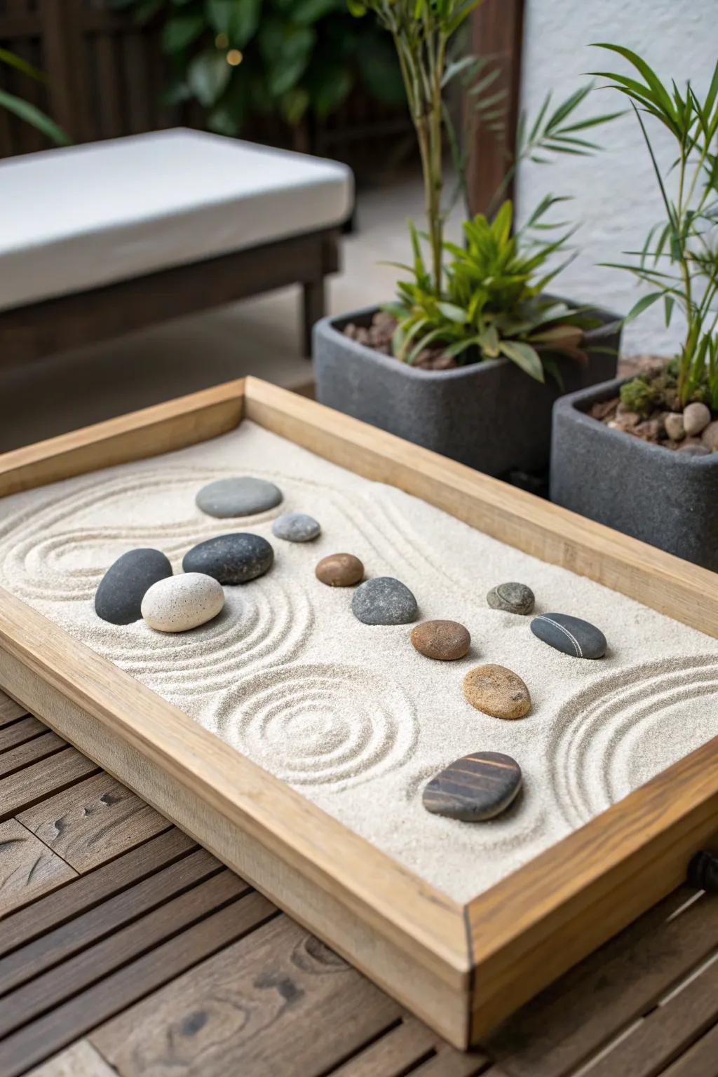 A mini Zen garden introduces peace and serenity.