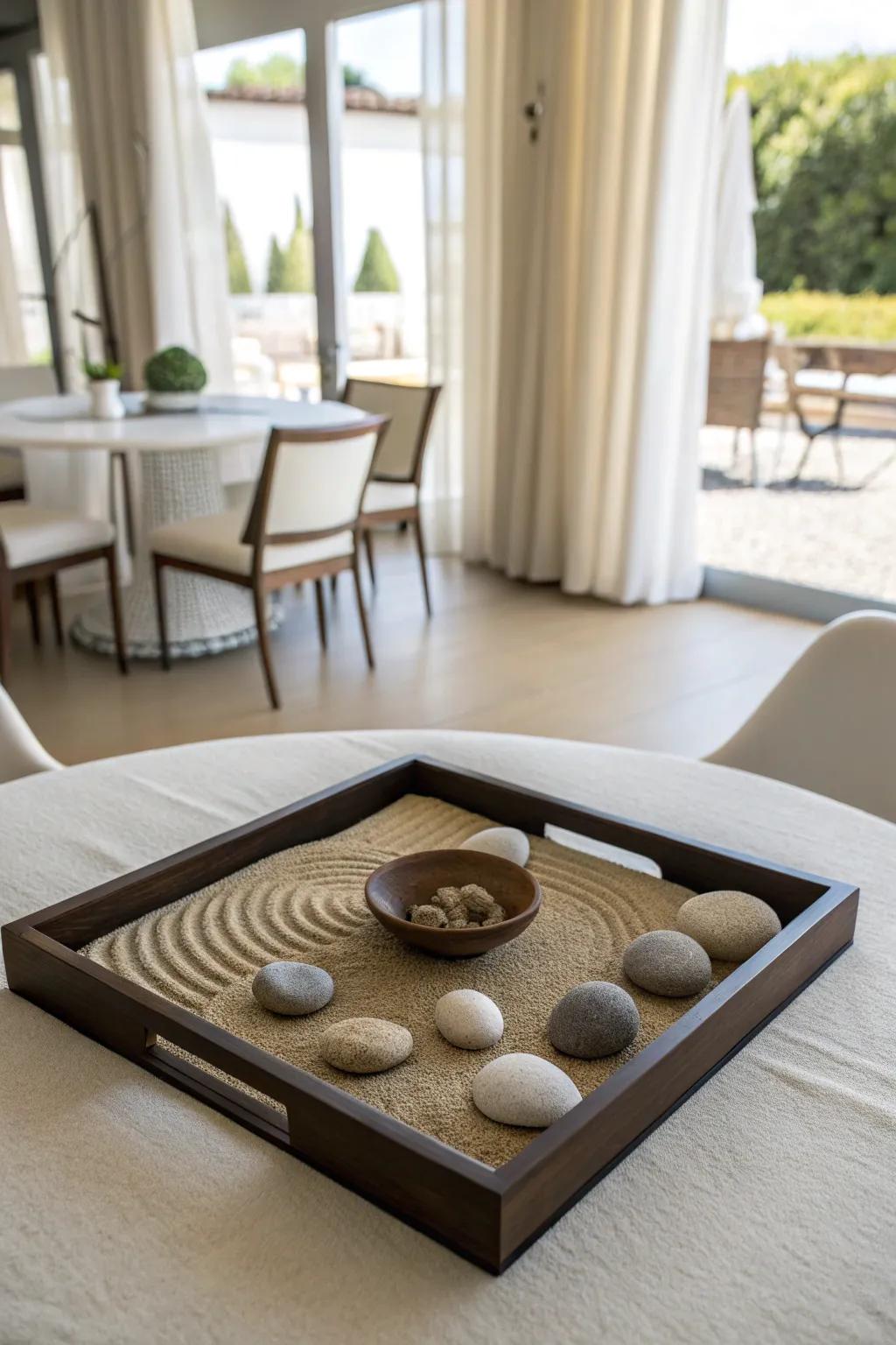Minimalist Calming Garden constituents fashion a serene and tranquil centerpiece.