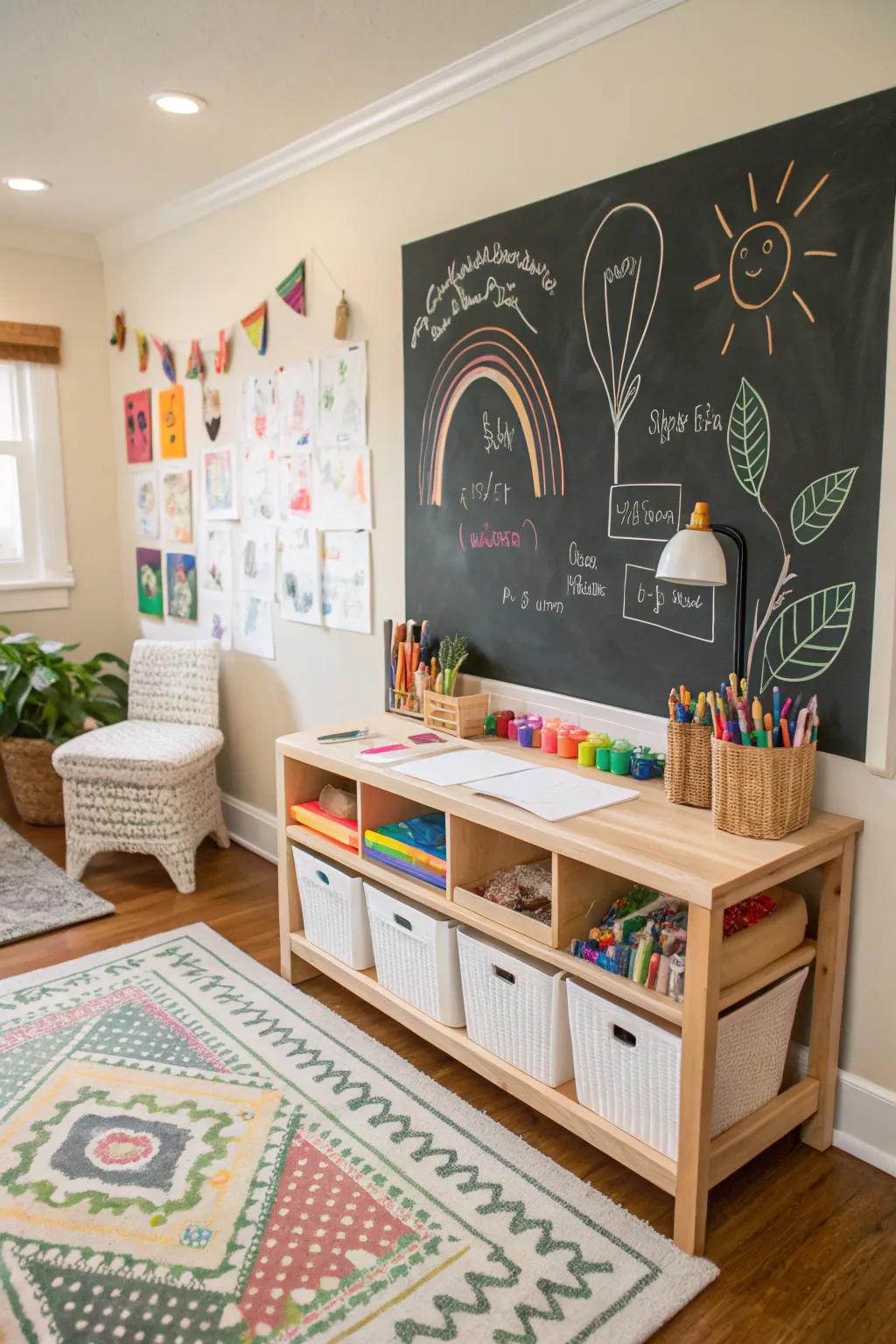 A craft area paired with a slateboard wall encourages creativity.