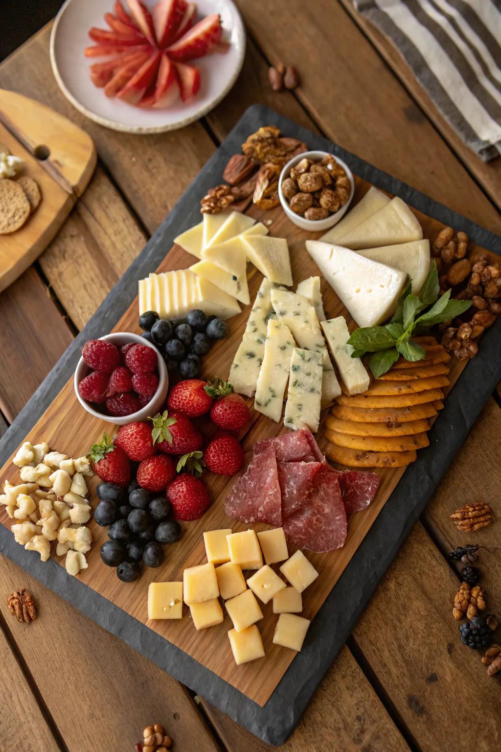 A cheese board featuring a balanced, symmetrical arrangement.