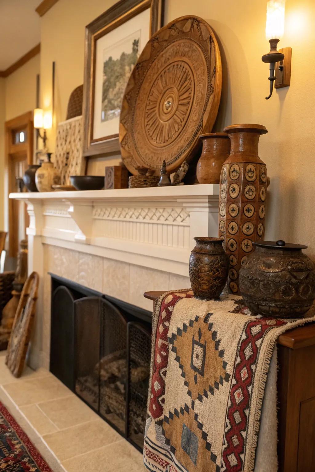 Artisanal constituents exhibited upon the mantelpiece impart warmth and a narrative of craft.
