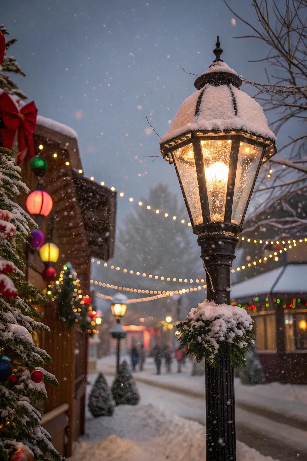 A simulation of snowfall enhances the festive appearance of a lamp post.