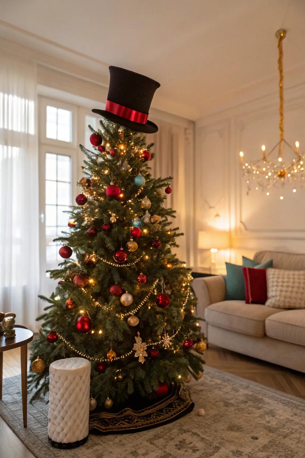 A celebratory top hat contributes a quirky and sophisticated impression.