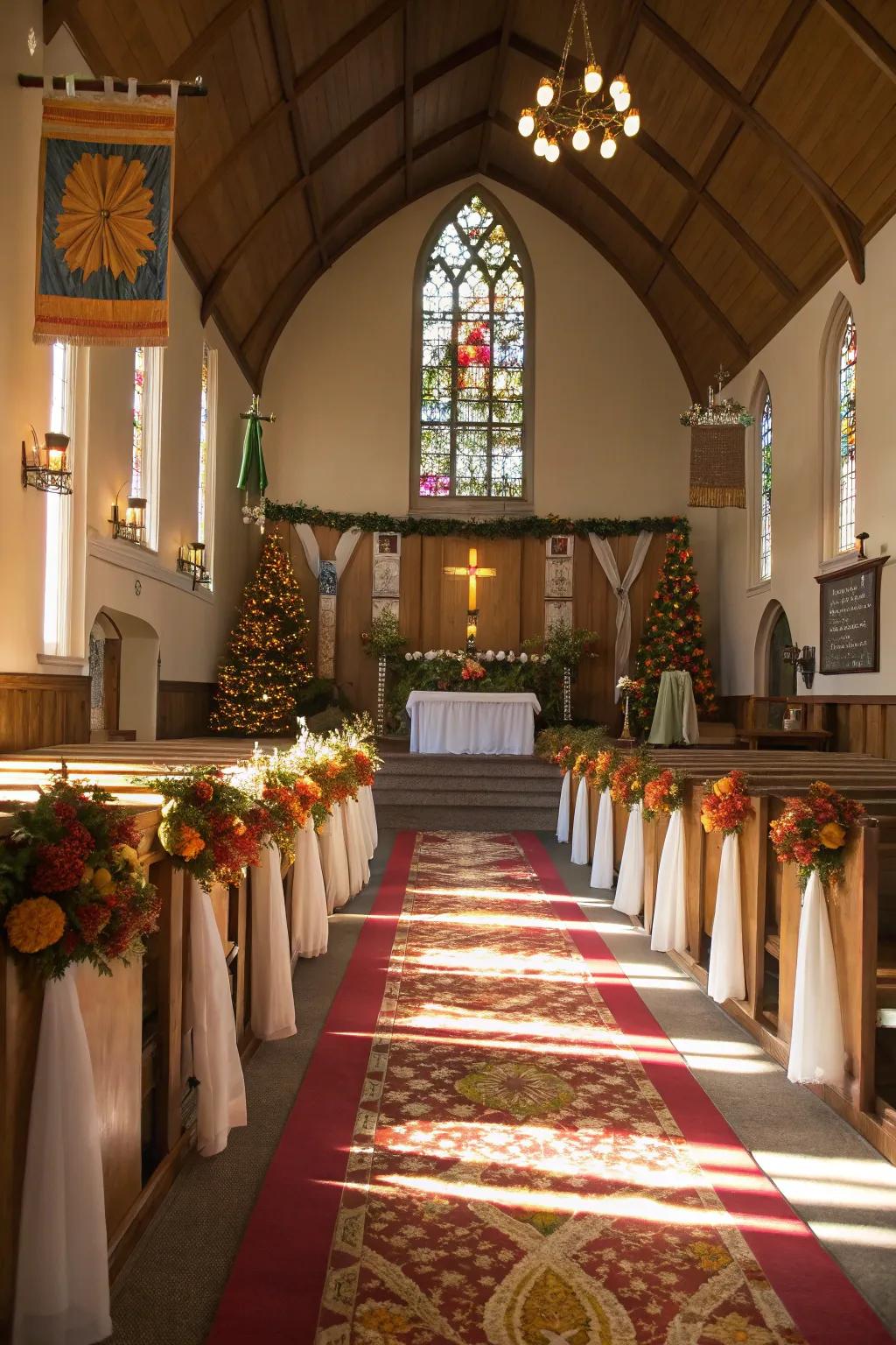 Church interior featuring seasonal textile accents.