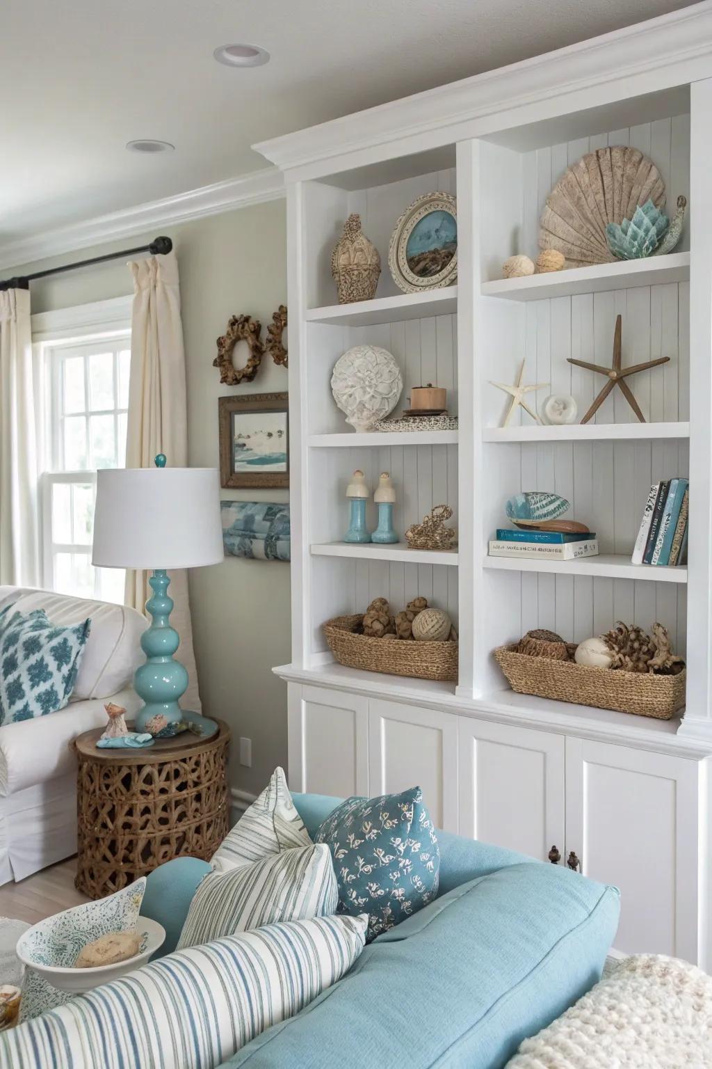 Exposed shelving displays coastal treasures.
