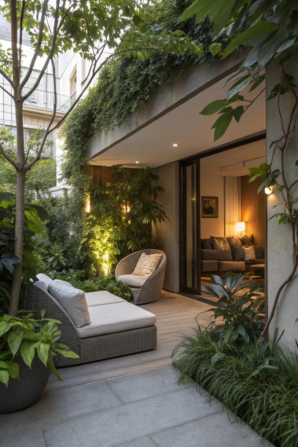 A secluded nook presenting privacy and tranquility on a patio.
