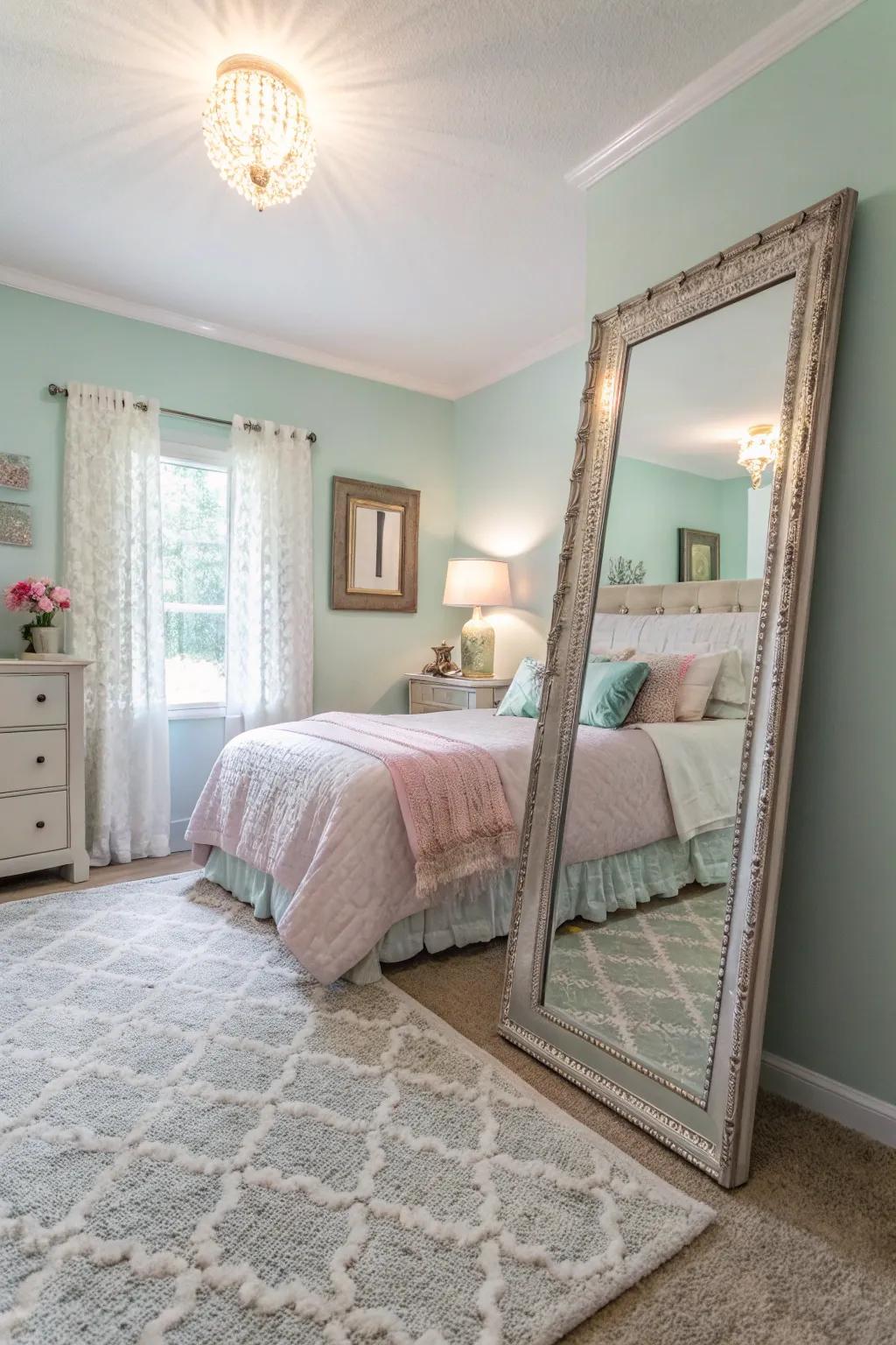 A showpiece reflective surface heightens both luminance and expanse within the sleeping quarters.