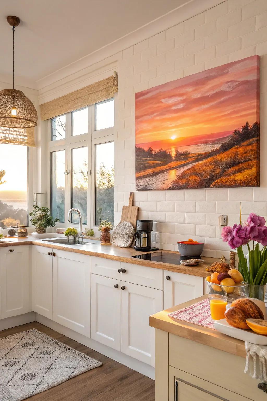 A sunrise painting fills your setting with warmth and optimism.