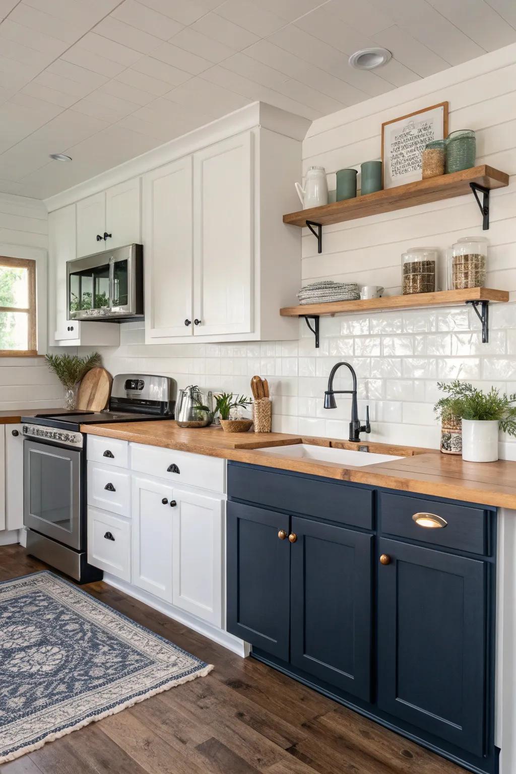 Contrasting color cabinets introduce depth and style to this kitchen.
