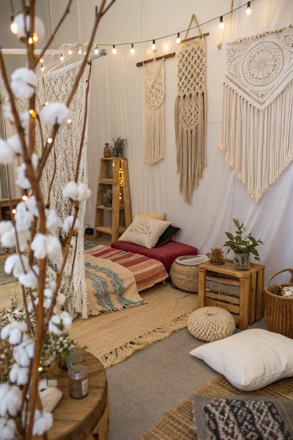 Bohemian bliss crafted with macrame and cotton stems.