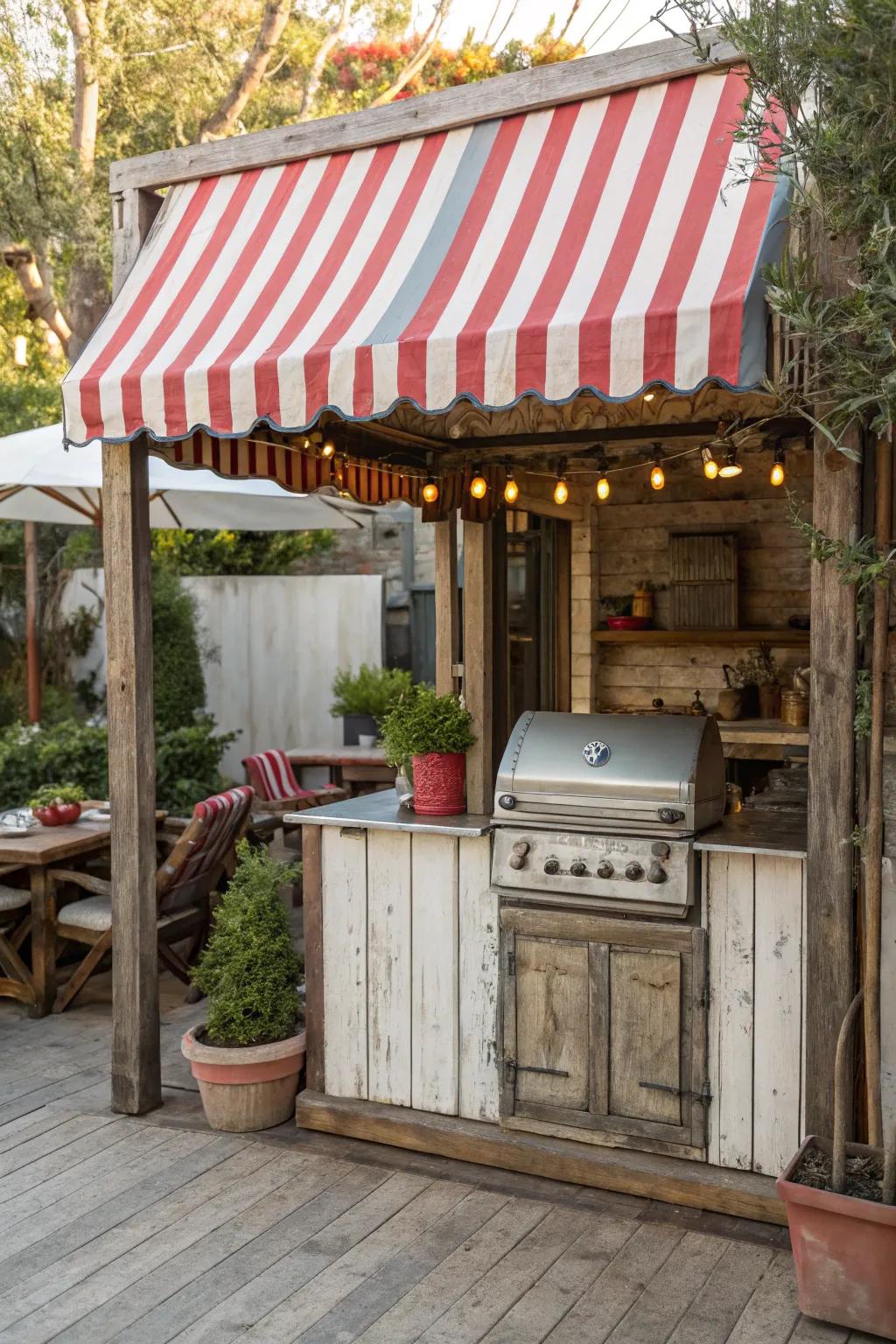 A classic-inspired awning adding nostalgic charm to a cooking space.