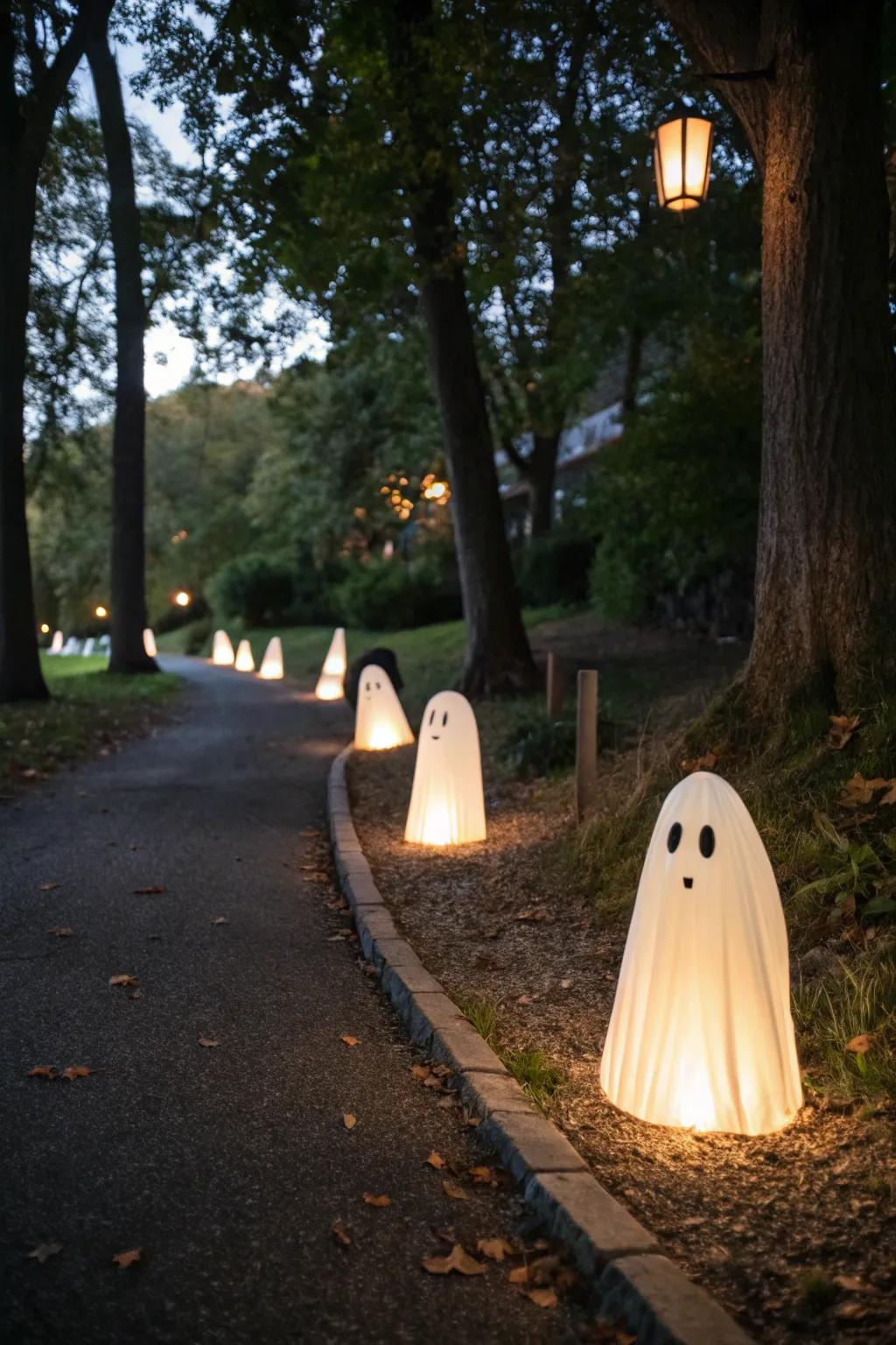 Ghostly luminaries light the way.